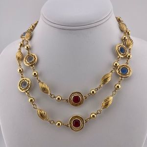 Vintage gold tone red and blue glass stone necklace Mogul Style Station Set